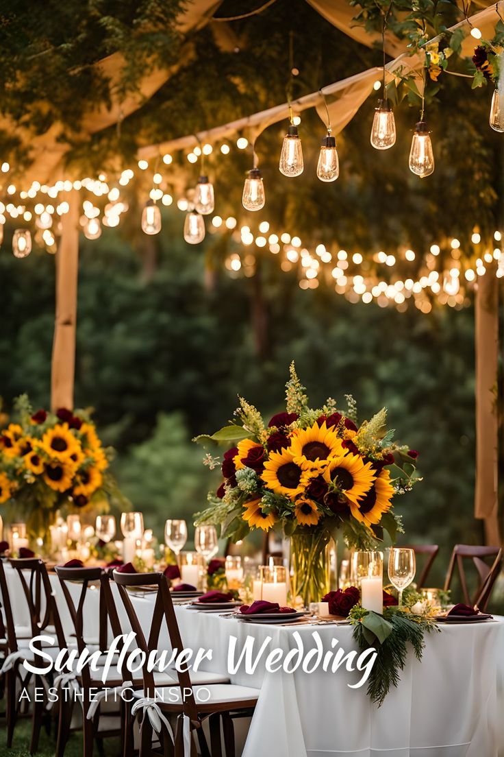 the table is set with sunflowers and candles for an outdoor wedding reception at night