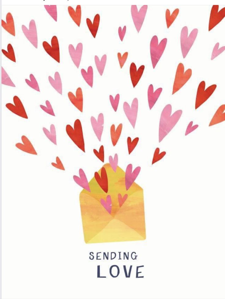 an envelope with hearts coming out of it and the words sending love written on it