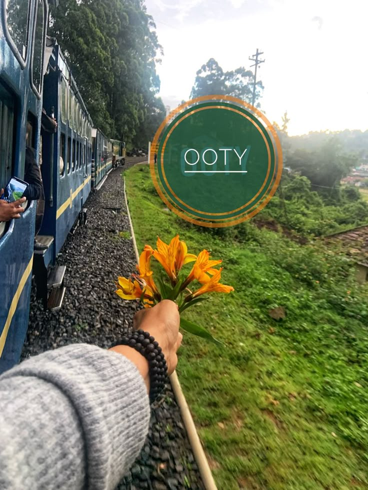 a person holding a flower on the side of a train with an ooty sign in the background