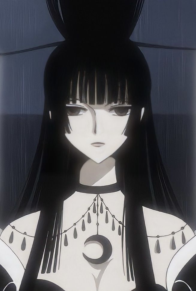 an anime character with long black hair and dark eyes, standing in front of a window