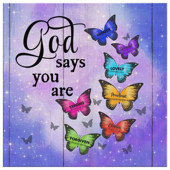 colorful butterflies with the words god says you are surrounded by stars on a purple background