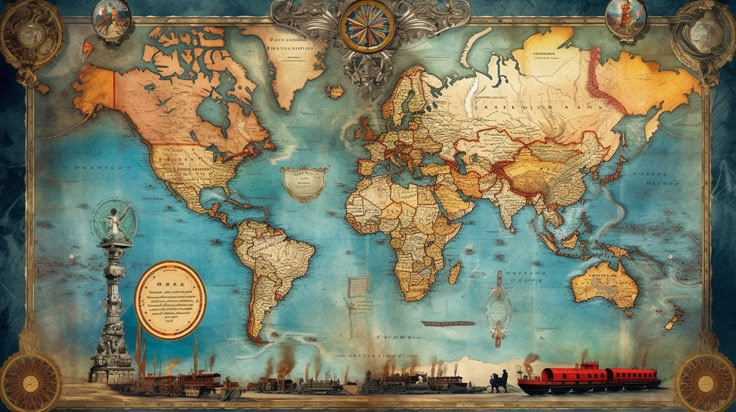 an old world map with people standing in front of it