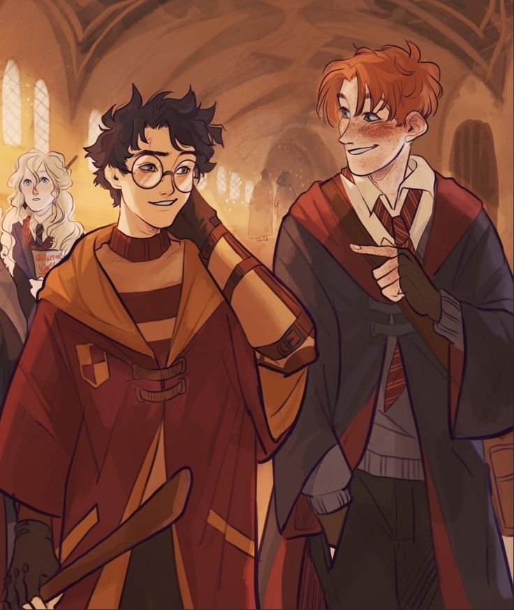 two harry potters are standing next to each other in front of an archway with people looking on