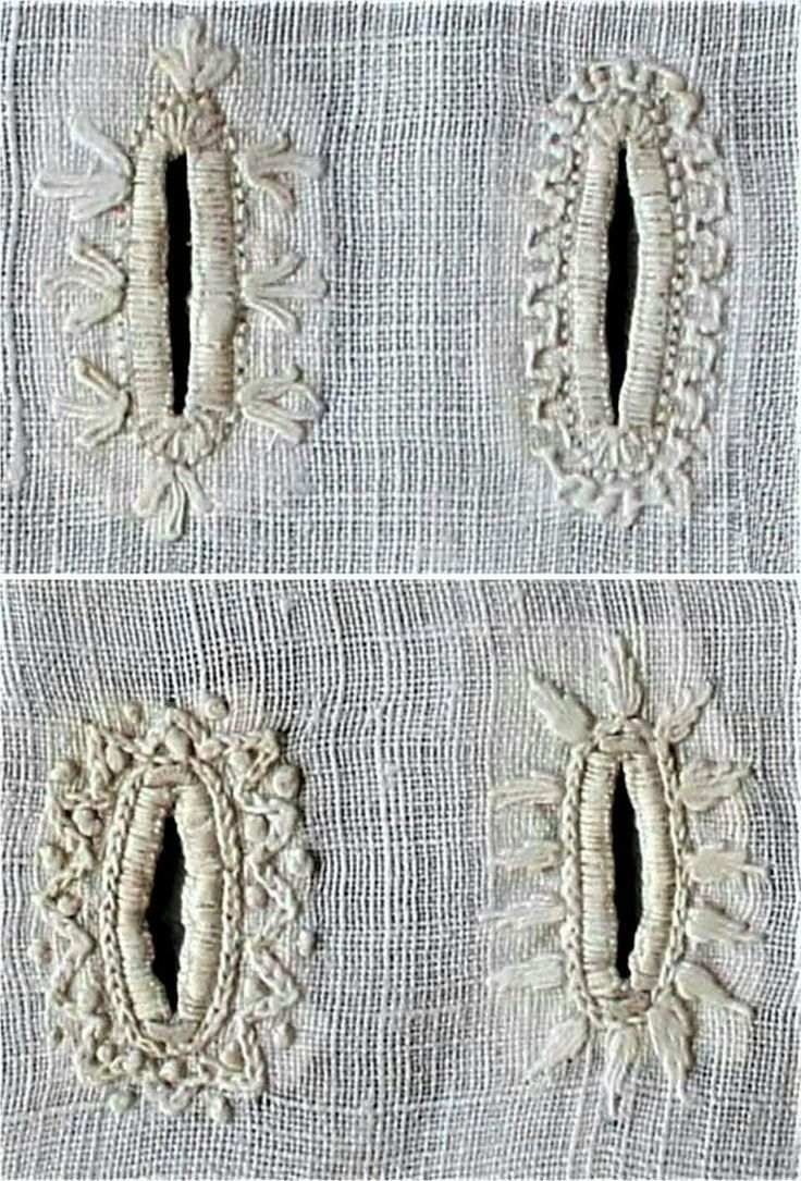 three different pictures of the same piece of cloth with holes in it and one has an oval