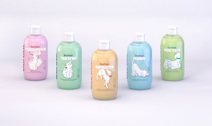 five bottles of hand soap on a white background, each containing different types of horses and poodles