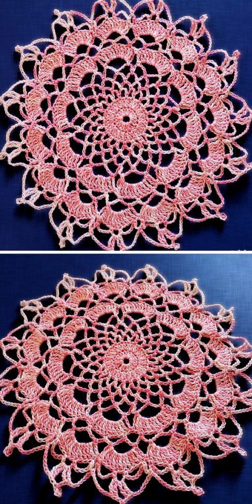 crocheted doily is shown in pink and white