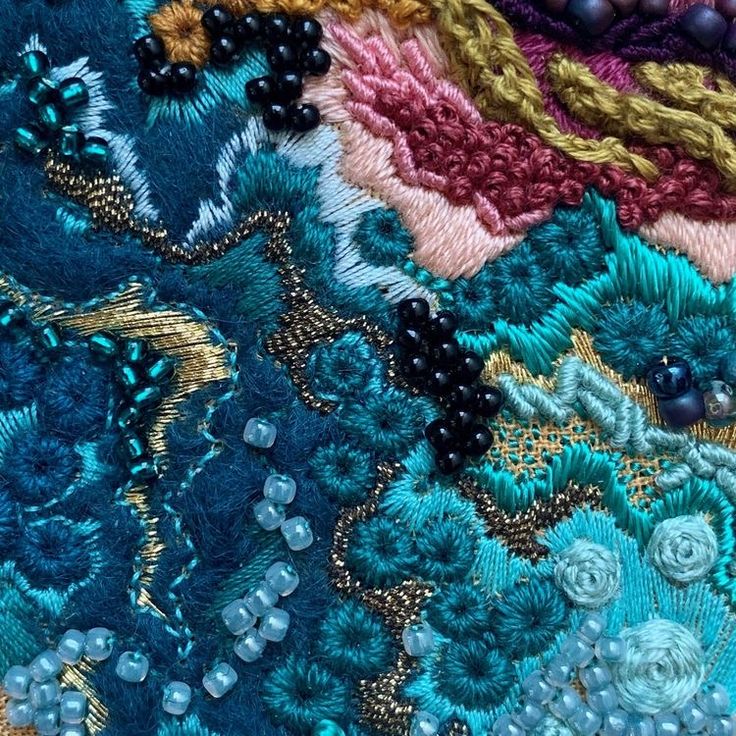 closeup of an intricately designed piece of fabric with beads and beadwork