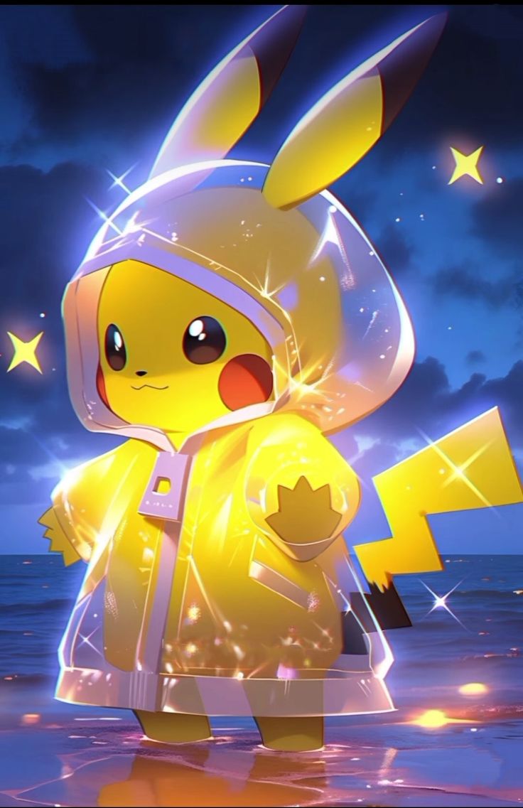 the pikachu is standing in the water with his head turned to look like he's wearing a yellow outfit