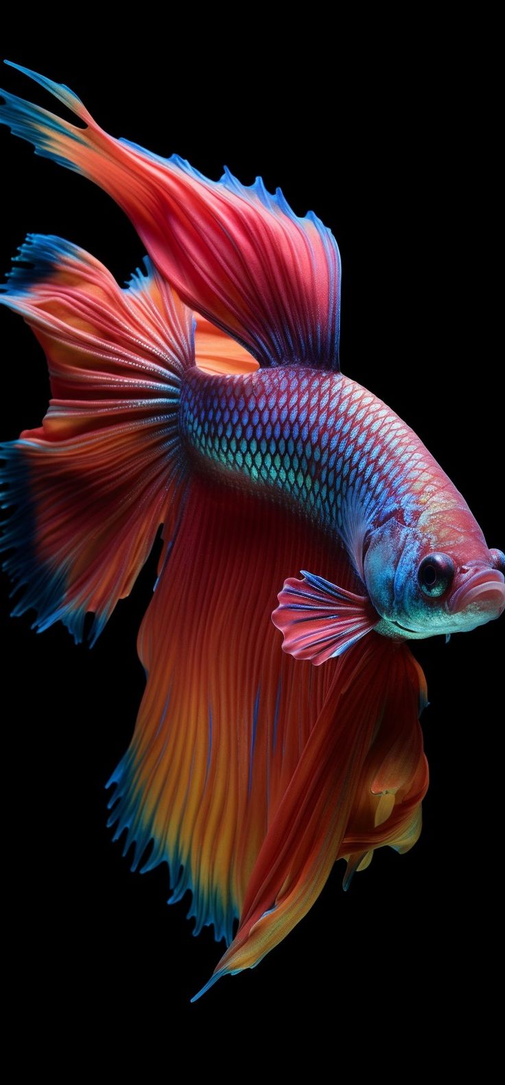 a red and blue siamese fish on a black background