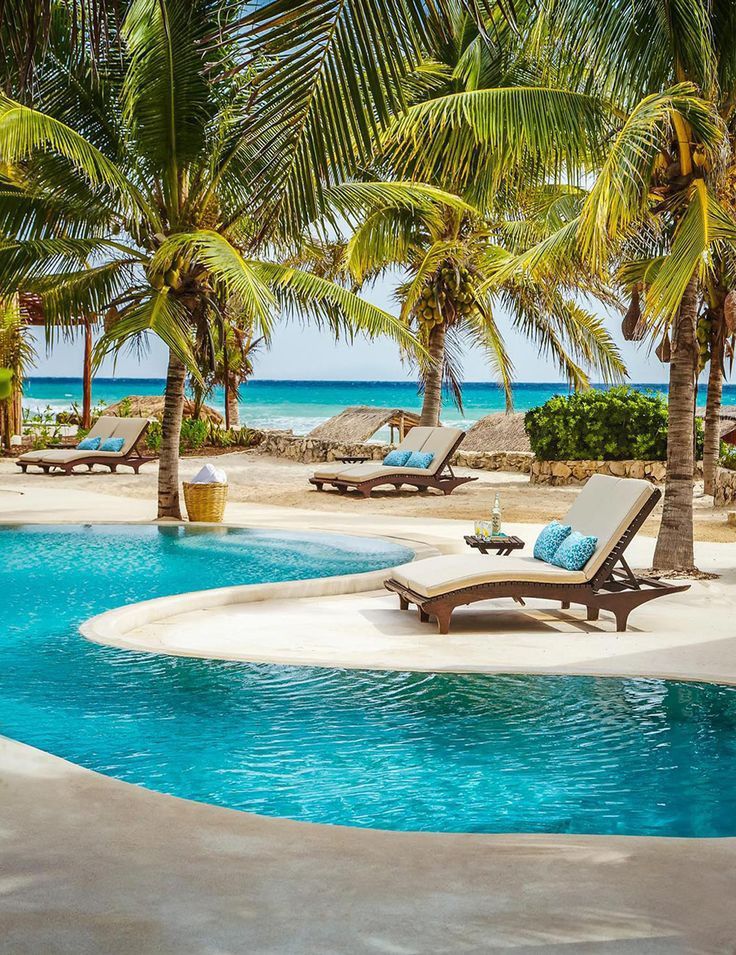 an empty swimming pool with lounge chairs and palm trees on the beach in front of it