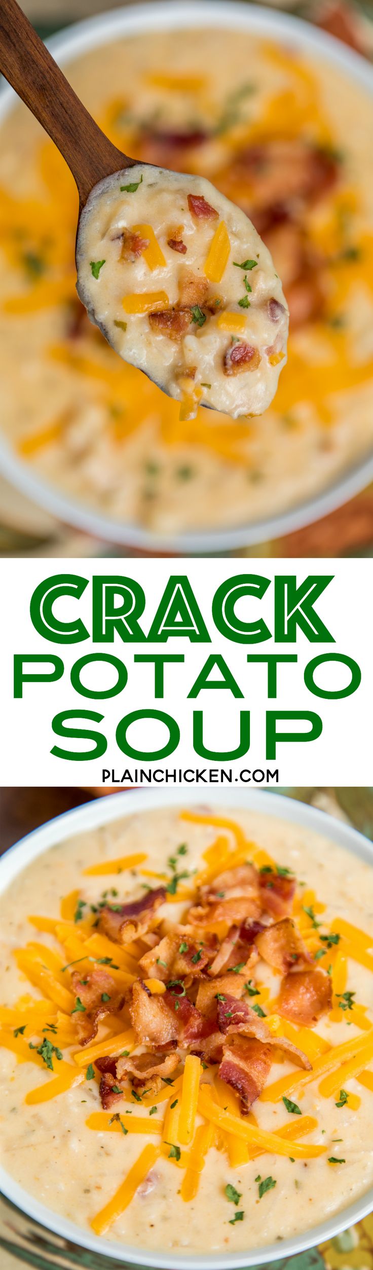 Slow Cooker Crack Potato Soup - potato soup loaded with cheddar, bacon and ranch. This soup is SO addictive! I wanted to lick the bowl!!! Frozen hash browns, cream of chicken soup, chicken broth, cheddar, bacon, ranch, cream cheese. Everyone RAVES about this easy soup recipe. All you need is some cornbread or biscuits and dinner is done!!! #slowcooker #soup #cheddar #bacon #ranch #potatosoup Potato Soup Loaded, Soup Chicken Broth, Types Of Soup, Frozen Hash Browns, Soup Potato, Chicken Cooker, Soup Chicken, Loaded Potato, Bacon Ranch