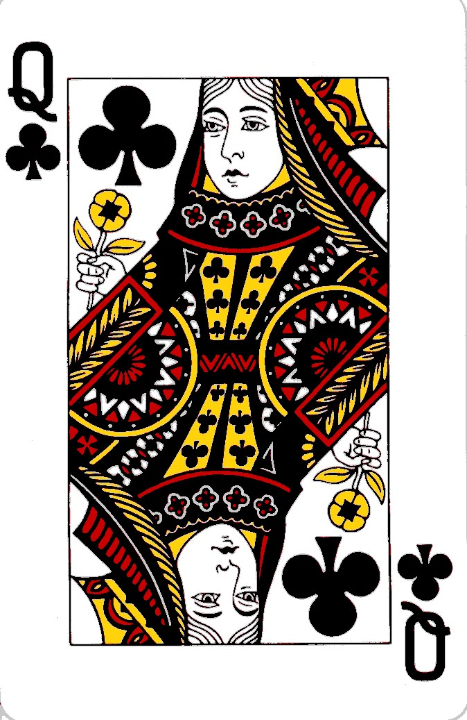 the queen of spades playing card is shown in red, yellow and black colors