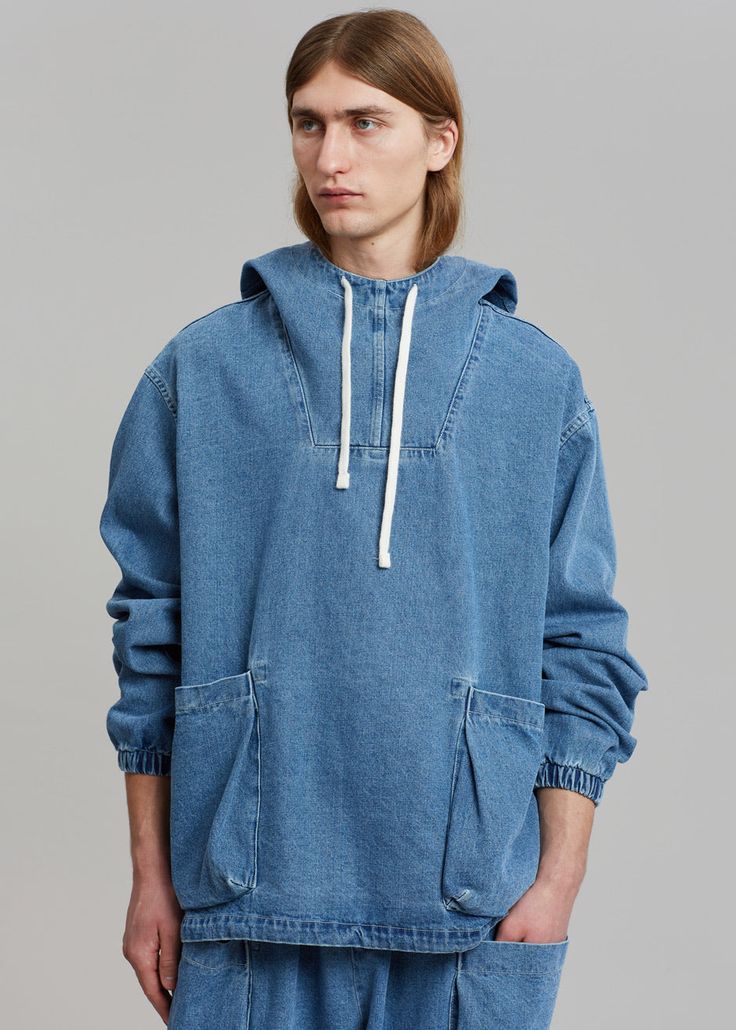 Cliff Denim Anorak - Worn Wash Jacket Farmers Market Denim Hooded Hoodie With Pockets, Hooded Denim Hoodie With Pockets, Denim Hoodie With Pockets, Denim Blue Hoodie With Pockets, Spring Washed Hooded Top, Spring Hooded Washed Top, Denim Blue Hoodie With Pockets For Fall, Long Sleeve Denim Hoodie With Pockets, Fall Denim Hoodie Washed