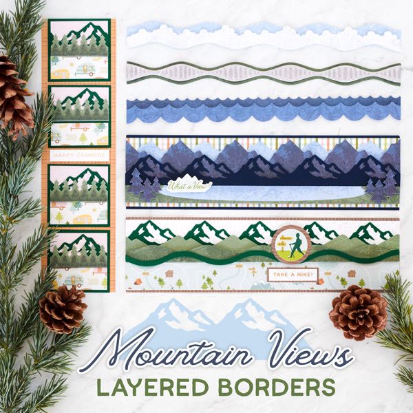 the mountain views layered borders pattern is shown with pine cones and evergreens around it