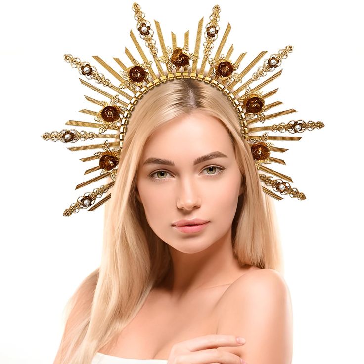 PRICES MAY VARY. This fashionable headpiece is created entirely by hand, based on the original design. The productive time is longer, making the product more exquisite. This golden crown adds a unique sparkle to a costume or suit, made of alloy and rhinestones / made of alloy and pearls / made of high quality plastic zipper, pearls, metal chain and metal headband. The halo headband is adjustable and flexible, not limited by hair length or hairstyle, can be bent and adjusted to fit your head size Goddess Headdress, Engagement Cocktail Party, Pageant Photography, Goddess Party, Emily Corpse Bride, 1920s Headpiece, Goddess Crown, Crown Headpiece, Headpiece Diy