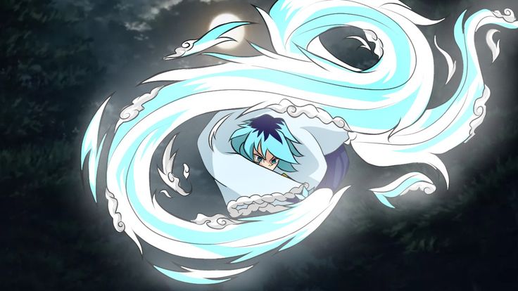 an animated image of a woman with blue hair and flowing water around her head, in front of trees