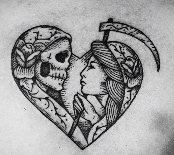 a couple in the shape of a heart with an arrow and skull on their chest