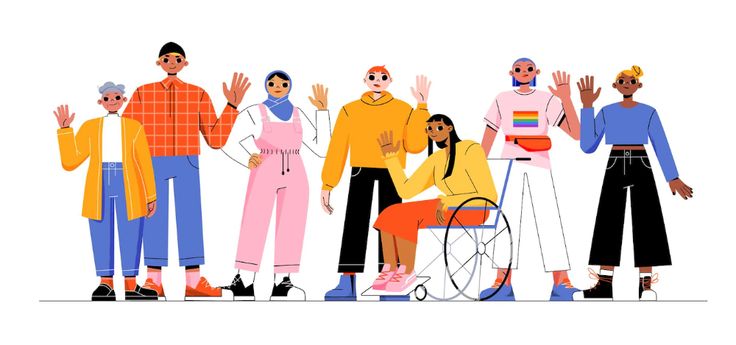 people standing together with their hands in the air and one person sitting on a wheel chair