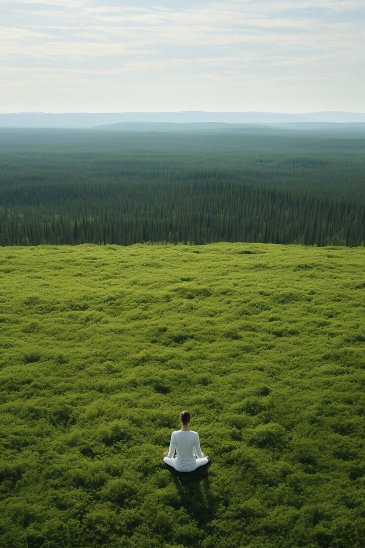 a person sitting on a bench in the middle of a large grassy field with trees