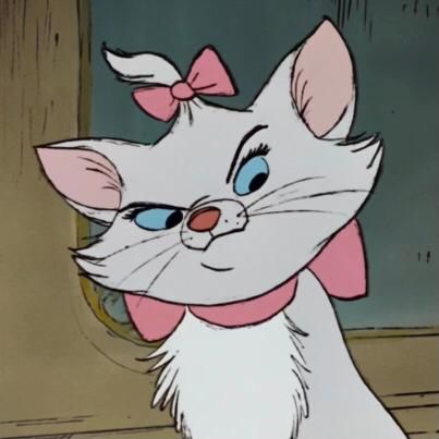 a cartoon cat with a pink bow on it's head looking at the camera