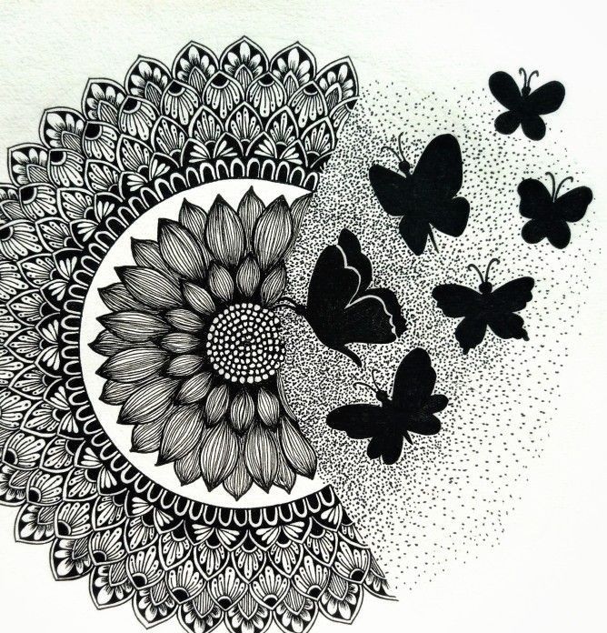 a drawing of butterflies flying around a sunflower