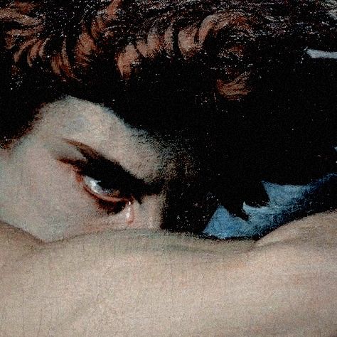 a close up of a painting of a person with their arm around his head and eyes closed