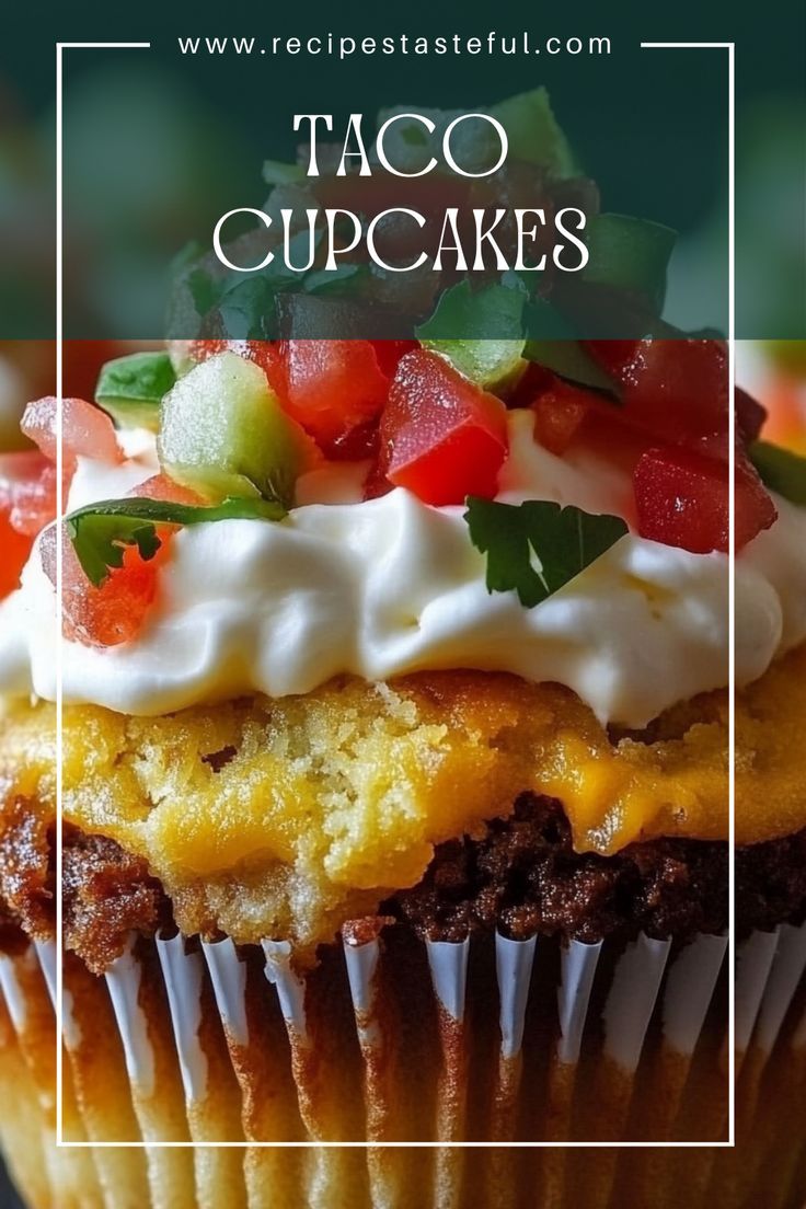 taco cupcakes with white frosting and toppings on top are shown