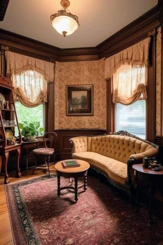 a living room filled with furniture next to a window covered in curtains and drapes