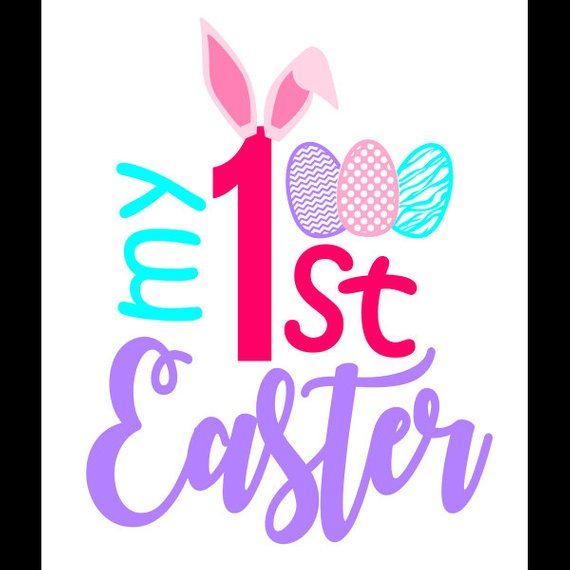 an easter card with the words'1st easter'in pink, blue and purple