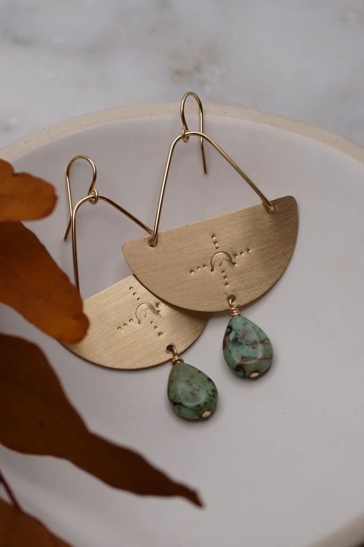 Weston Earring Metal Stamped Earrings, Everyday Turquoise Brass Jewelry, Turquoise Teardrop Brass Jewelry, Stamped Jewelry Ideas, Brass Jewelry Handmade, Metal Earrings Handmade, Hammered Metal Jewelry, Brass Earrings Handmade, Rivet Jewelry