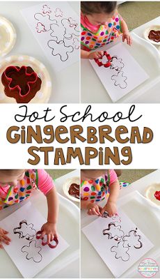 a collage of photos showing how to make gingerbread stamping for preschoolers