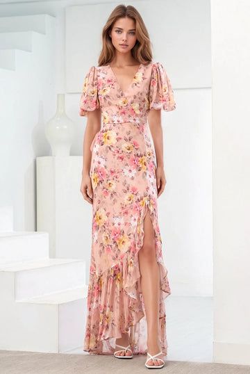 JENNY MAXI DRESS Floral Summer Dress Long, Chinese Fancy Dress, Maxi Floral Dress, Pink Floral Maxi Dress, Yumi Kim, Guest Attire, Romantic Design, Puffy Sleeves, Floral Dress Summer