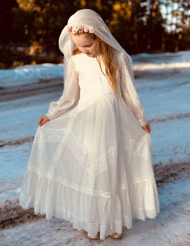 First Holy Communion Dress Long Sleeve / Veil - Certificated  Italian Factory Lace - Fully Lined - Light Ivory Color Finding the perfect First Communion dress for your child's special day can be an exciting yet daunting task. You want a dress that is not only beautiful but also appropriate for the occasion. Look no further, as we have a stunning collection of First Communion dresses, including those with long sleeves, that will make your little one feel like a princess on her First Holy Communion. Our selection of 1st Communion dresses is carefully curated to ensure that each dress meets the highest standards of quality and design. Whether you prefer a traditional style or something more modern, we have options to suit every taste and preference. Vintage First Communion Dresses, Long Sleeve Dresses For First Communion In Spring, Vintage Dresses For First Communion In Spring, Cream Long Sleeve Dress For First Communion, First Communion Dresses Catholic, White Communion Dress, Lace Flower Girl Dress, Holy Communion Dresses, 1st Communion