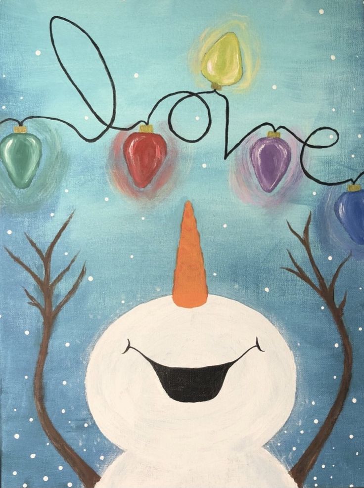 a painting of a snowman with christmas lights on his head