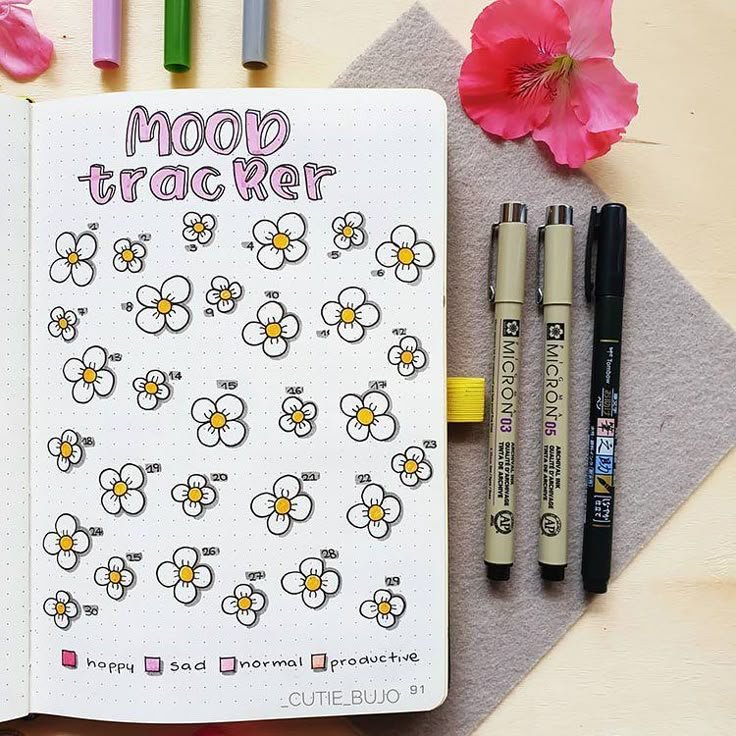 an open notebook with flowers and writing on it next to markers, crayons and pens