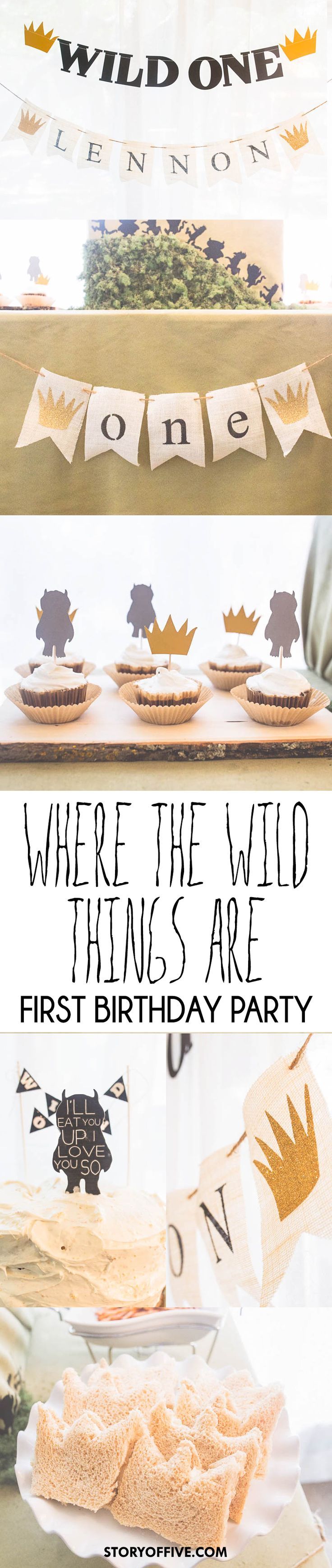 there is a banner that says where the wild things are first birthday party on it