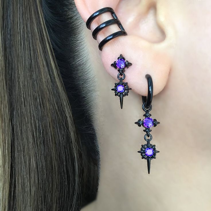 North Star Hoop Earring Starburst Earrings, Star Hoop Earrings, Gothic Jewelry, Purple Earrings, Stars Earrings, North Star Earrings - Etsy Stars Earrings, Star Hoop Earrings, Earrings Gothic, Jewelry Purple, Earrings Star, Starburst Earrings, Magical Jewelry, Purple Earrings, Fancy Jewelry