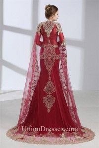 Mermaid Front Cut Out Burgundy Satin Gold Lace Evening Prom Dress With Cape Ceremony Gown With Sweep Train And Long Sleeves, Long Sleeve Gown With Sweep Train For Ceremony, Floor-length Dress With Detachable Train For Ceremony, Red Long Sleeve Dress For Mother Of The Bride, Gold Mother Of The Bride Dress With Sweep Train, Red Floor-length Mother Of The Bride Dress, Red Long Sleeve Mother Of The Bride Dress, Wedding Dresses Red, Royalty Clothing