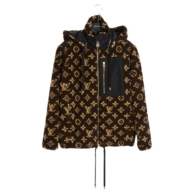 Louis Vuitton jacket in faux fur with a sheepskin effect and LV motif, oversized volume, high collar closed by a long zip with a logo pull, 1 contrasting black chest pocket closed by a long gold zip, 2 other slit pockets closed by a zip, tightening tie at the bottom of the jacket, long sleeves tightened by a black neoprene braid, black anti-rain yoke on the shoulders, hood to tighten by a tie, removable, black openwork technical mesh lining. Size 34FR (perfect up to 38FR or UK10 and US8): shoulders 44 cm, chest 54 cm, length 68 cm, sleeves 60 cm. The jacket has never been worn and it still has its original labels ... Lv Jacket, Louis Vuitton Jacket, Jacket Long, High Collar, Faux Fur, Louis Vuitton, Fashion Outfits, Long Sleeve, Clothes