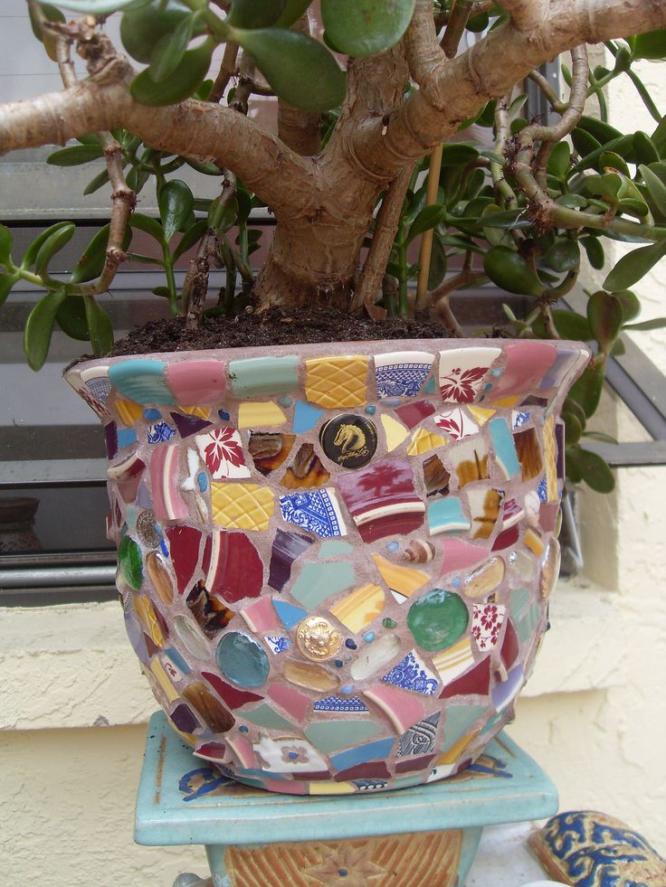 a potted plant sitting on top of a wooden stand next to a window sill