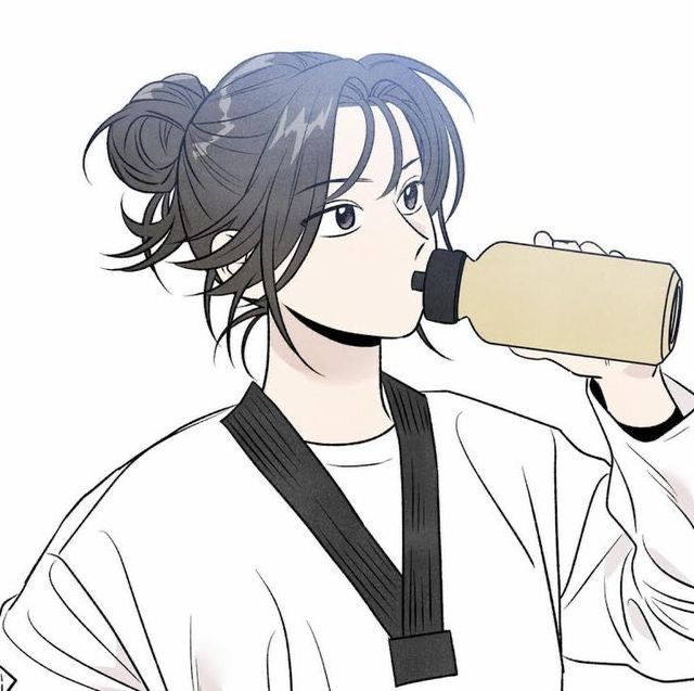 an anime character drinking from a coffee cup