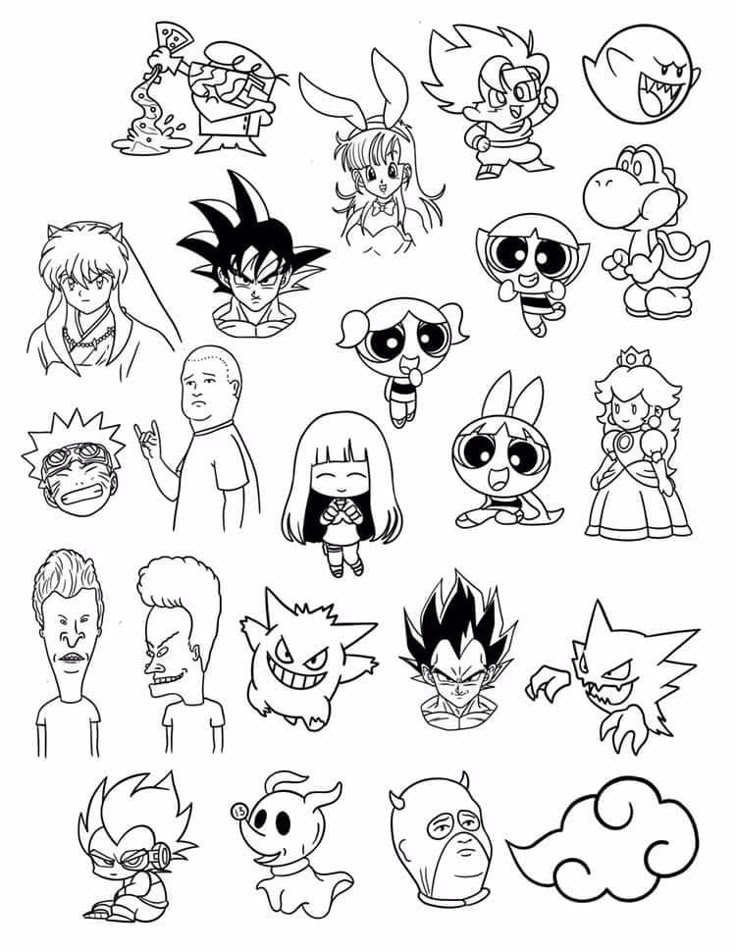 cartoon characters are drawn in black and white