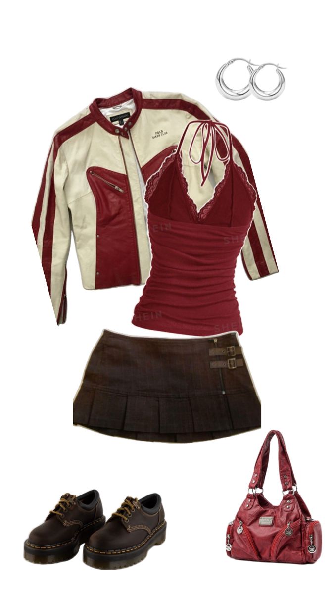 Y2k Skirt Outfit Aesthetic, Cute Pink Concert Outfits, Black And Red Aesthetic Clothes, Dark Red Clothes Aesthetic, How To Style Red Leather Jacket, Red Skirts Aesthetic, Black And Red Aesthetic Outfit, Red Style Outfit, Red And Black Aesthetic Outfit