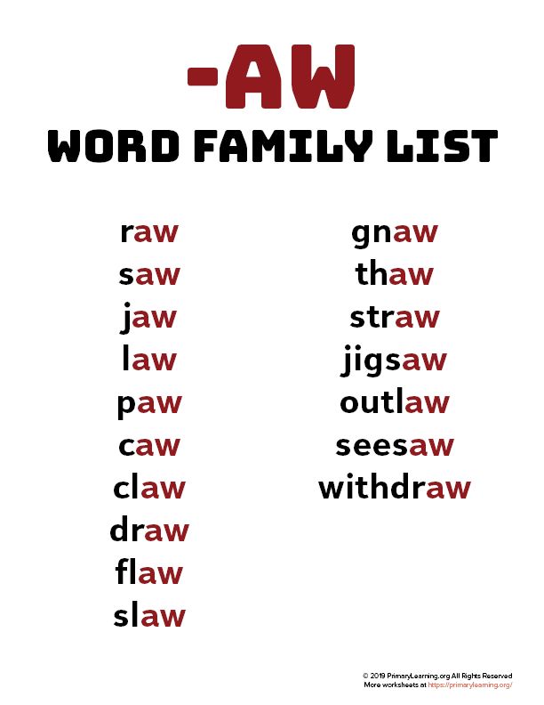 the word family list is shown in red and black, with different words on it