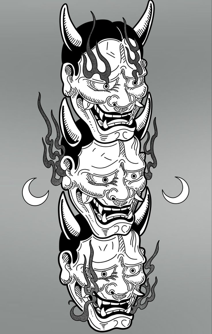 an artistic tattoo design with demon heads and flames