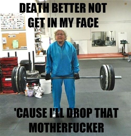 an old man holding a barbell in a gym with the caption put me in a home i put you in the ground