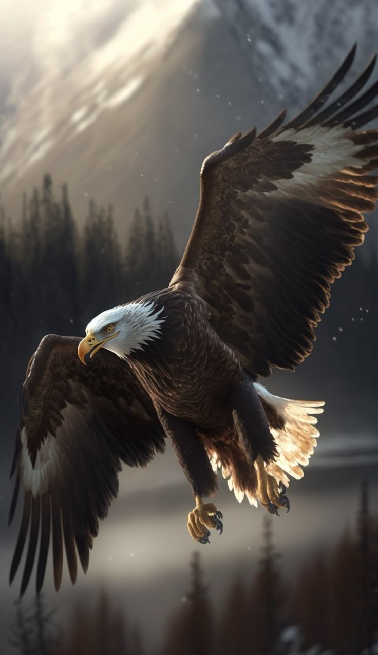 an eagle flying in the air with its wings spread