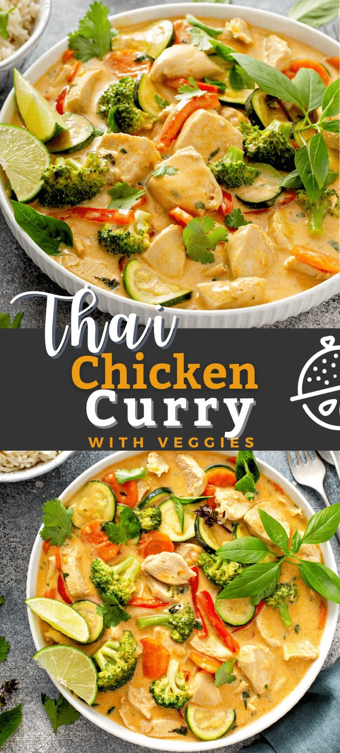 thai chicken curry with veggies in a white bowl