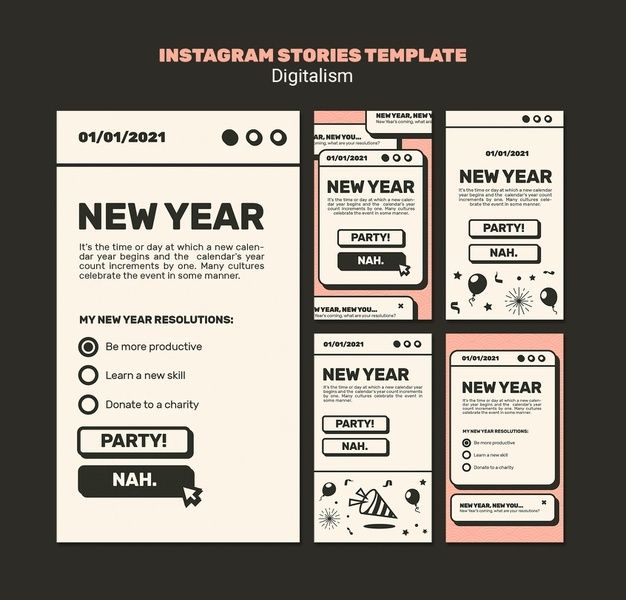 the new year's instagram stories template is shown in three different colors and styles