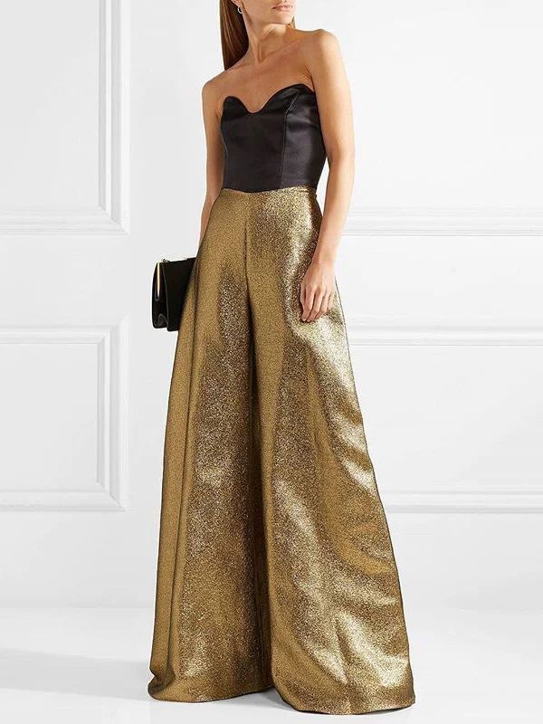 High Waisted Loose Solid Color Pants Trousers Gold Formal Bottoms, Elegant Gold Bottoms For Festive Occasions, Elegant Festive Gold Bottoms, Fitted Gold Bottoms For Party Season, Elegant Gold Fitted Bottoms, Chic Full-length Festive Pants, Chic Full Length Festive Pants, Chic Full Length Pants For Festive Occasion, Glamorous Gold Bottoms For Party Season